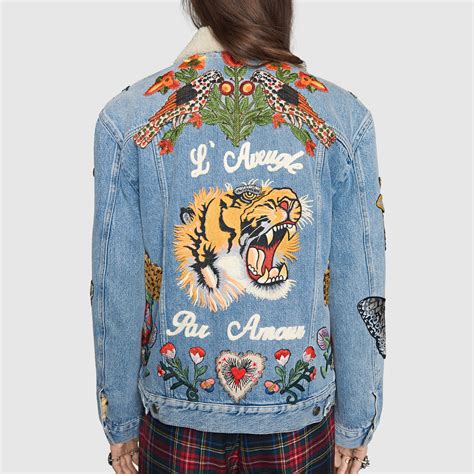 gucci tiger embroidered jacket|Gucci denim jacket with embroideries.